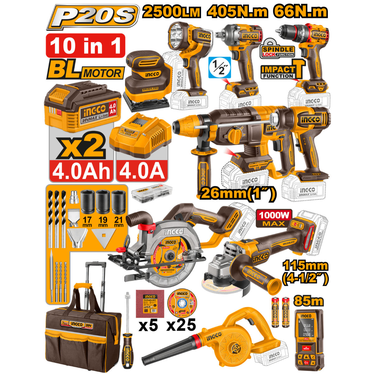 Ingco 10 in 1 Cordless Combo Kit 20V CKLI2603268