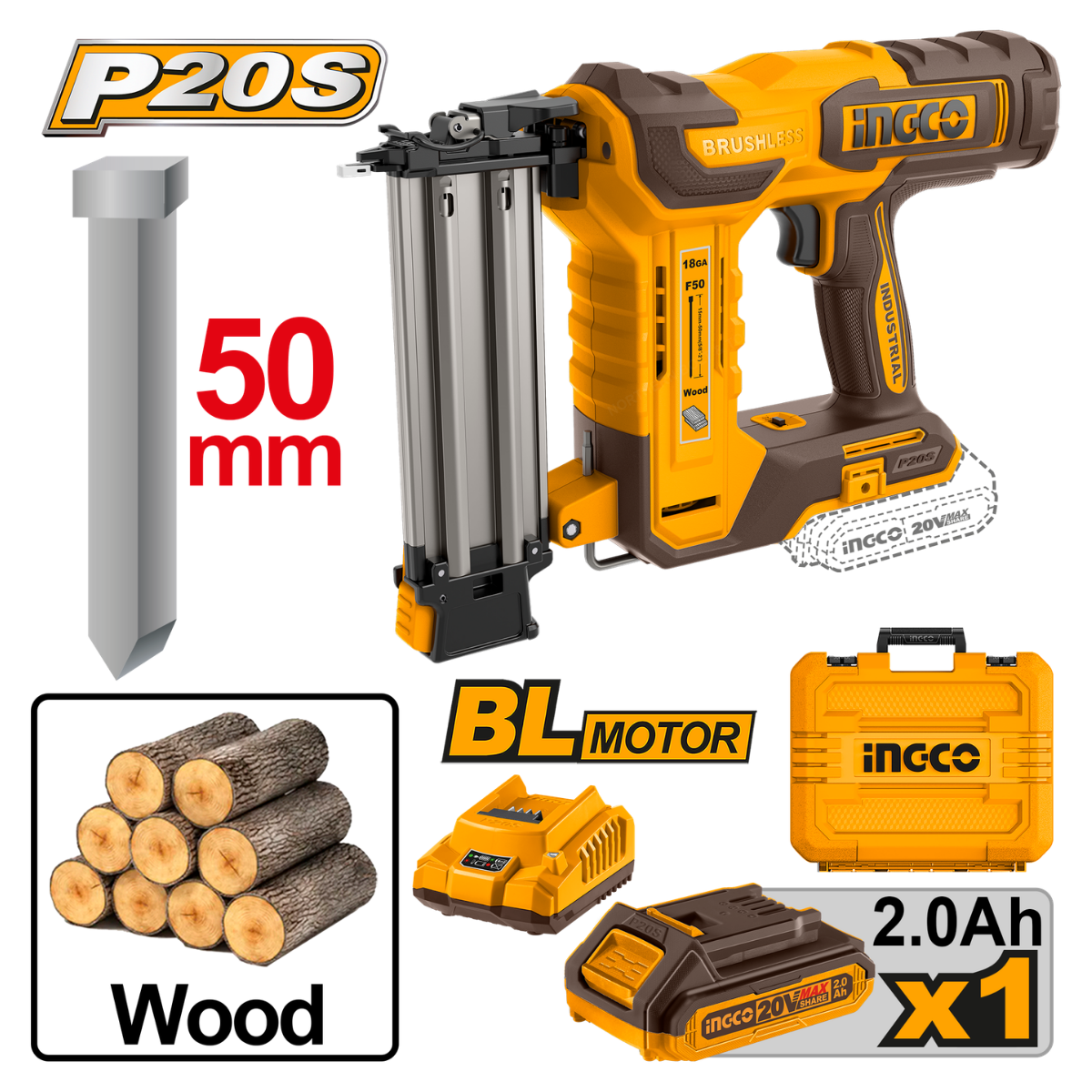Ingco Cordless Brad Nailer F15-50 20V Kit CBNLI5008