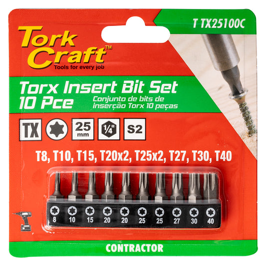 Tork Craft 10Pc Torx 25Mm Insert Bit Set (T8, T10, T15, T20X2, T25X2, T27, T30, T