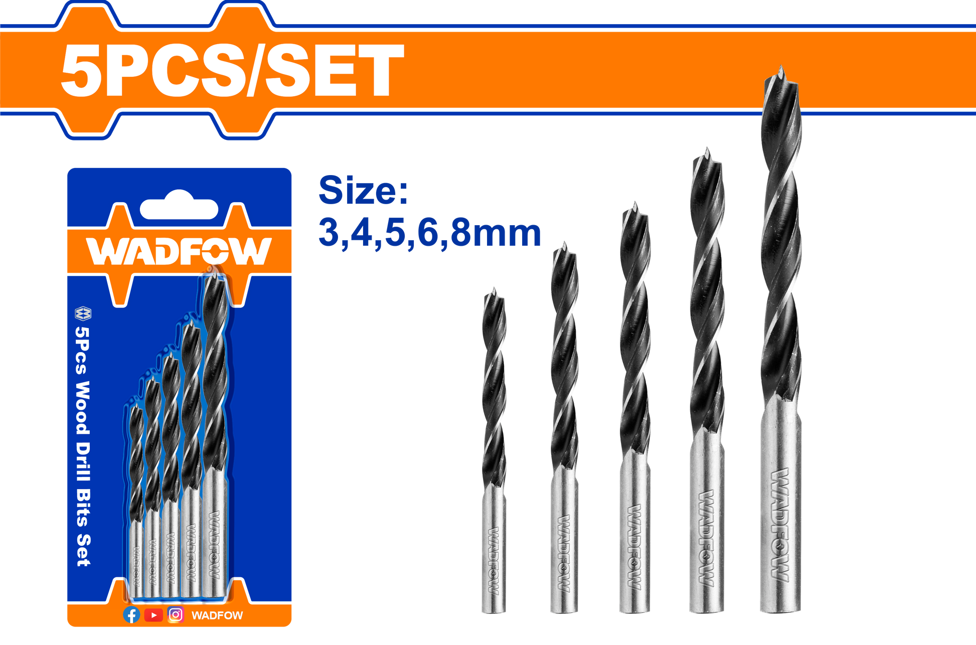 Wadfow Wood drill bits set 5 Piece WSJ3K01