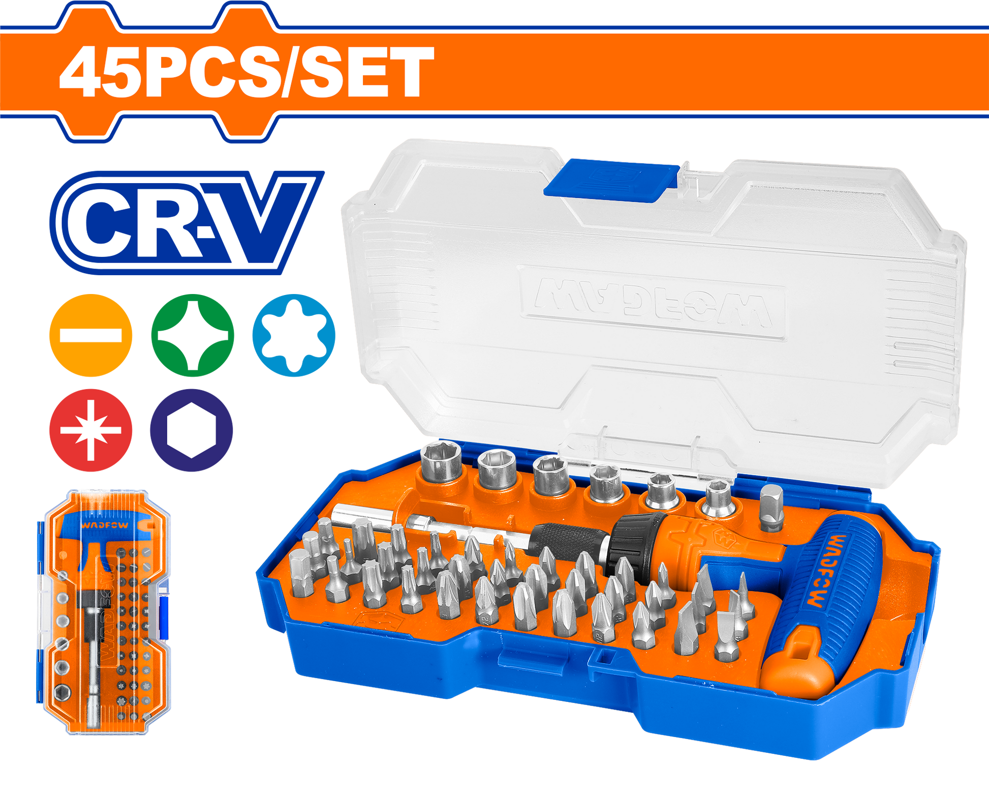 Wadfow T-handle wrench screwdriver set 45 Piece WSS8B45