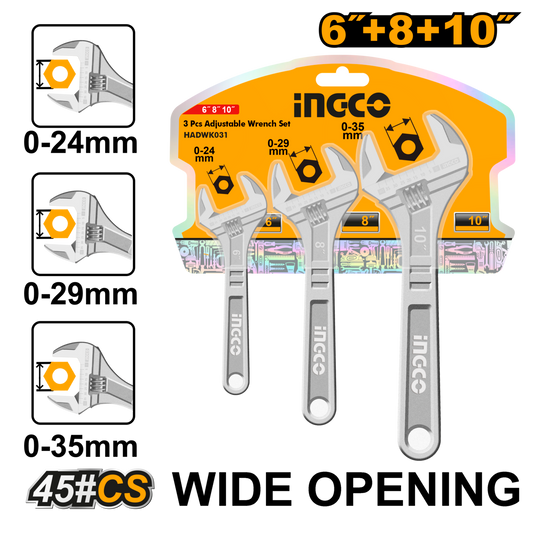 Ingco Adjustable Wrench Set 3Pcs