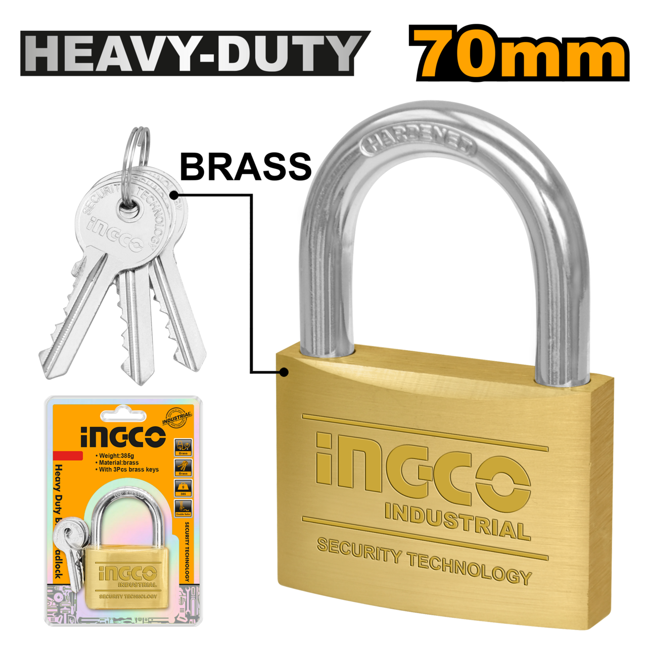 Ingco Heavy Duty Brass Padlock 70mm