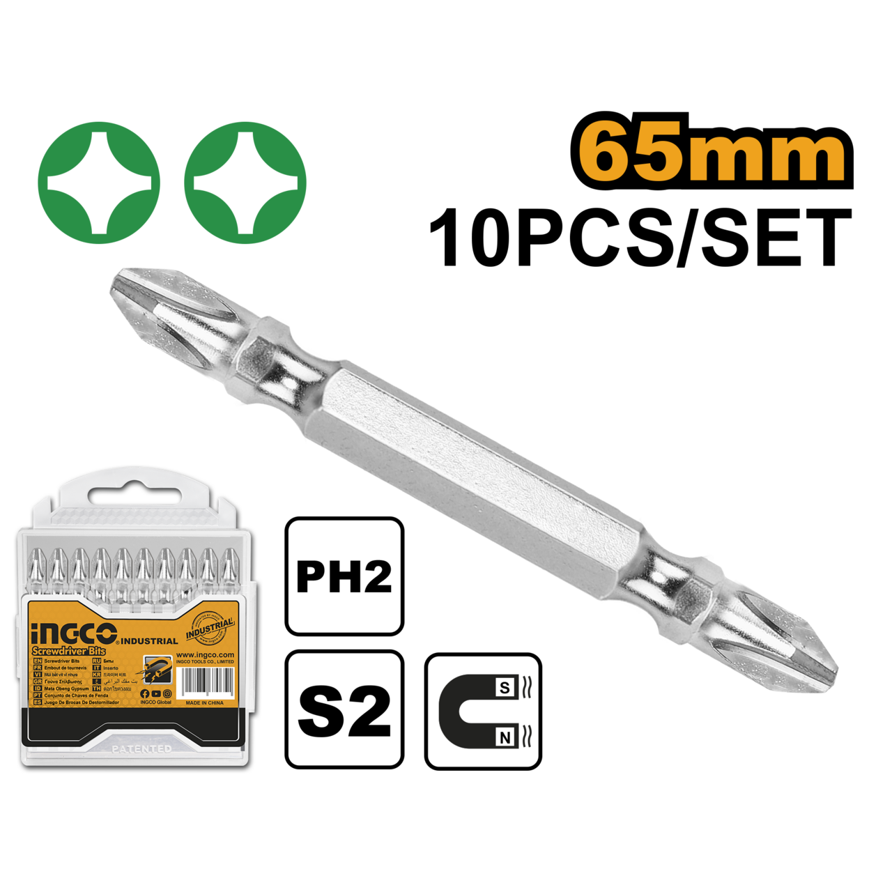 Ingco Screwdriver Bit 65mm 10Pcs PH2