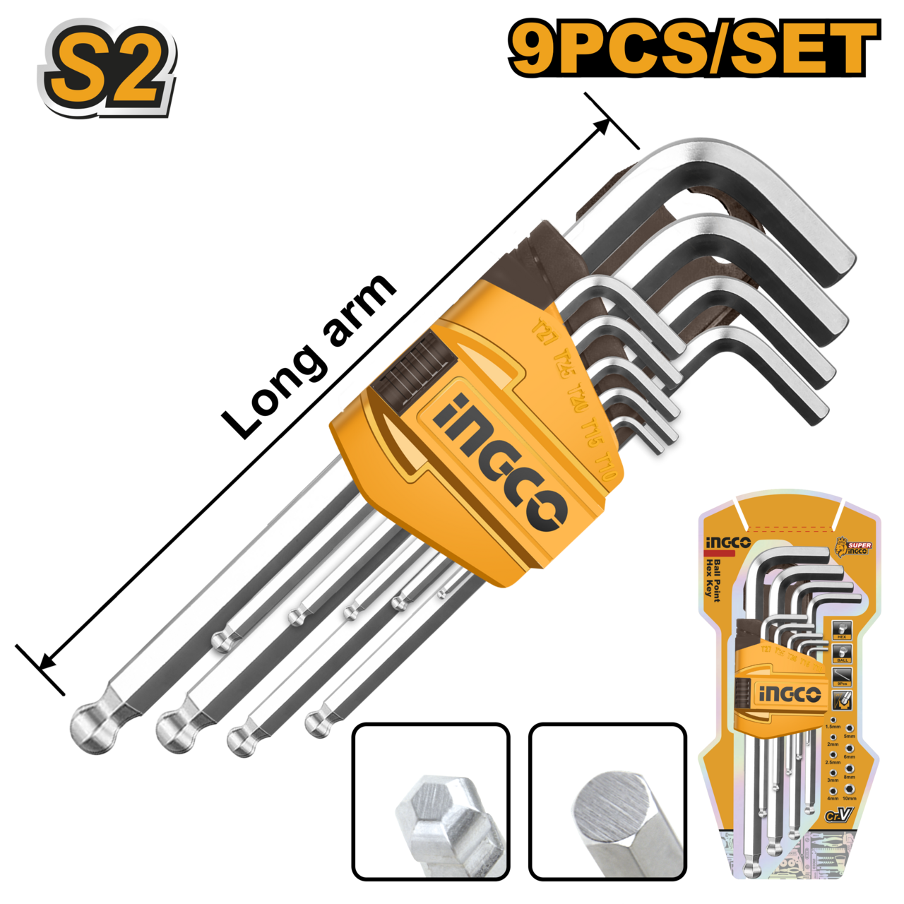 Ingco Hex Allen Key Long Set 9Pcs