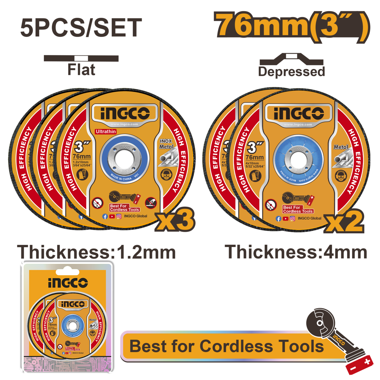 Ingco 5 Pieces Abrasive metal cutting and grinding disc set