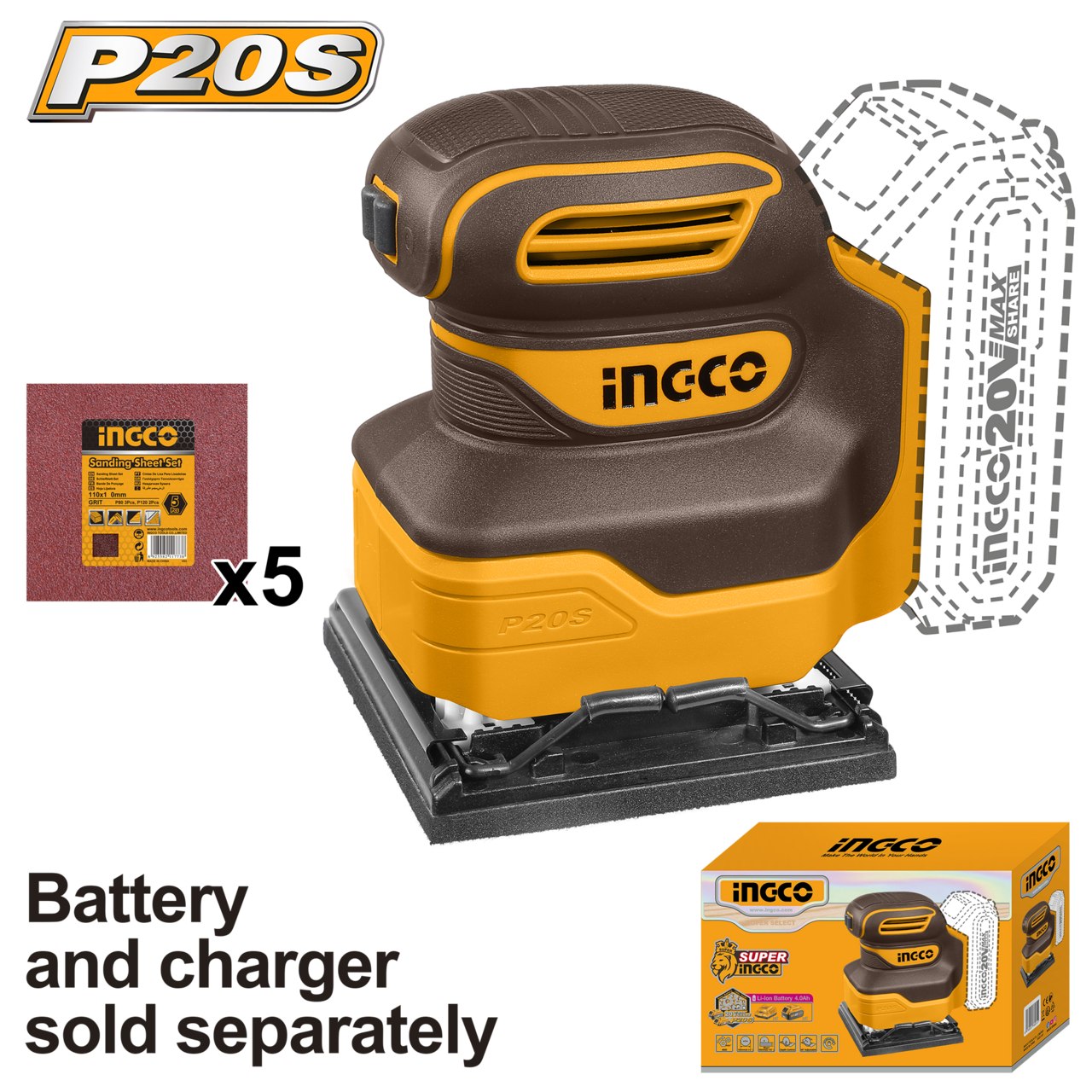 Ingco 20V Lithium-Ion sheet sander