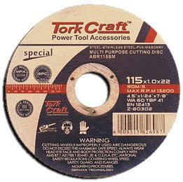 Tork Craft CUTTING DISC MULTI PURPOSE 115 x1.0 x 22.2mm FOR STEEL SS PVA STONE