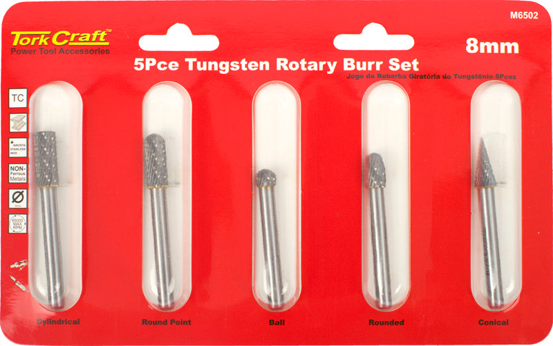 Tork Craft ROTARY BURR SET 5 PC ASSTD 8MM DIA TUNGSTEN