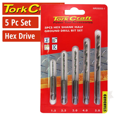 Tork Craft Drill Bit Set 5Pcs Half Ground.Polished Hex Shank 1.5/2.5/3/4/5Mm freeshipping - Africa Tool Distributors
