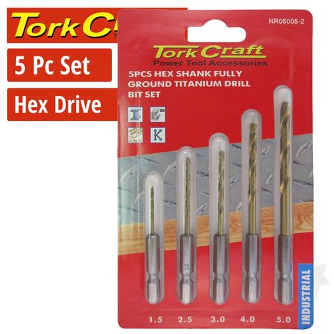 Tork Craft Drill Bit Set 5Pcs Fully Ground.Titanium Hex Shank 1.5/2.5/3/4/5Mm freeshipping - Africa Tool Distributors