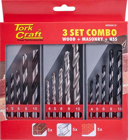 Tork Craft Drill Bit 3 Set Combo - Wood + Masonry + HSS