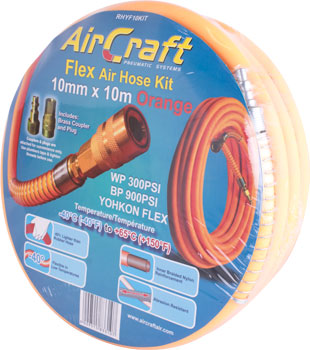 Air Craft Flex Air Hose Kit 10MM X 10M Orange With Quick Coupler & Connector
