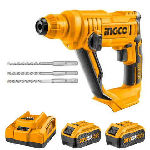 Ingco Rotary Hammer with 3 Drill Bits Kit (Charger + 2x Battery (4AH) Incl.)