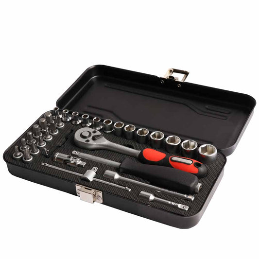 Tork Craft Socket & Ratchet Set 34Pc 1/4' Dr Crv 12 Point Metal Case