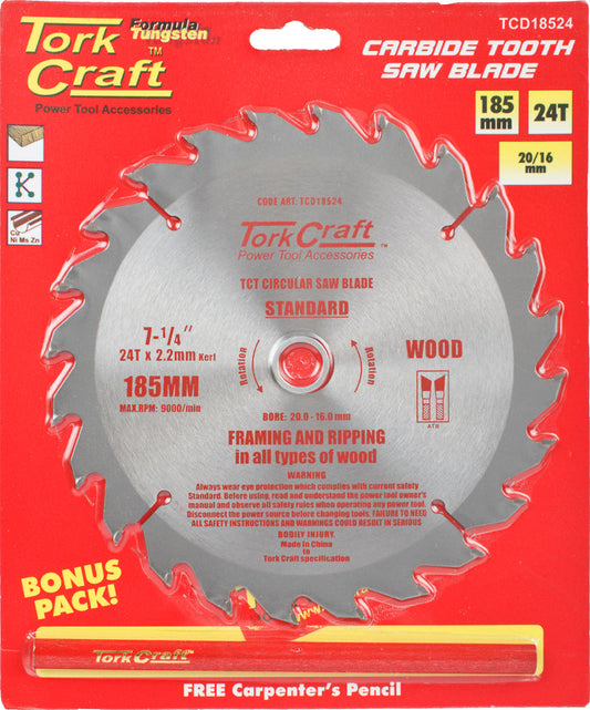 Tork Craft BLADE TCT 185 X 24T 20/16 GENERAL PURPOSE RIP