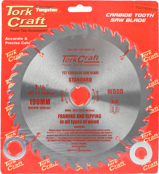Tork Craft BLADE TCT 190 X 40T 30/20/16MM GENERAL PURPOSE COMBINATION