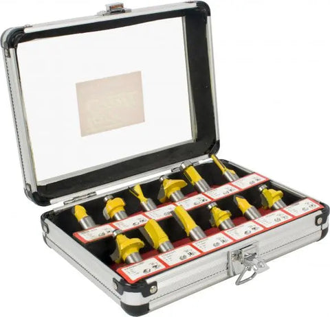 Tork Craft Router Bit Set 1/4" Shank 12Pc In Aluminium And Glass Case Africa Tool Distributors