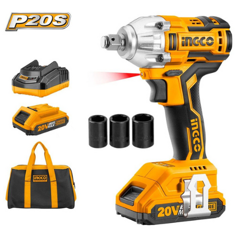 Ingco Cordless Impact Wrench Kit 20V- 300Nm With 2 X 2Ah Batteries, Charger And Bag