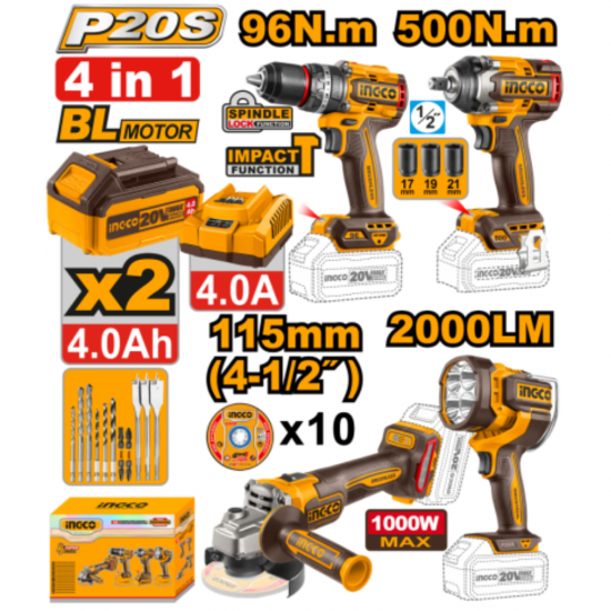 Ingco 4 in 1 Cordless Combo Kit 20V Ingco 4 in 1 Cordless Combo Kit 20V